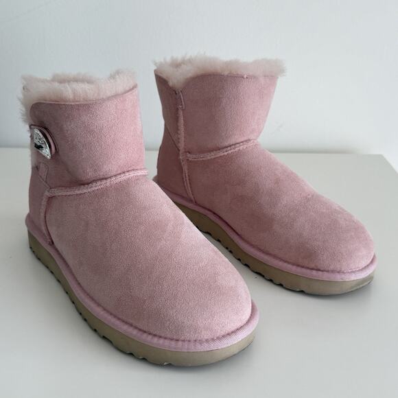 UGG Boots Womens 8 Pink Mini Bailey Button Sheepskin Svarovski Crystal Bling - Picture 3 of 13
